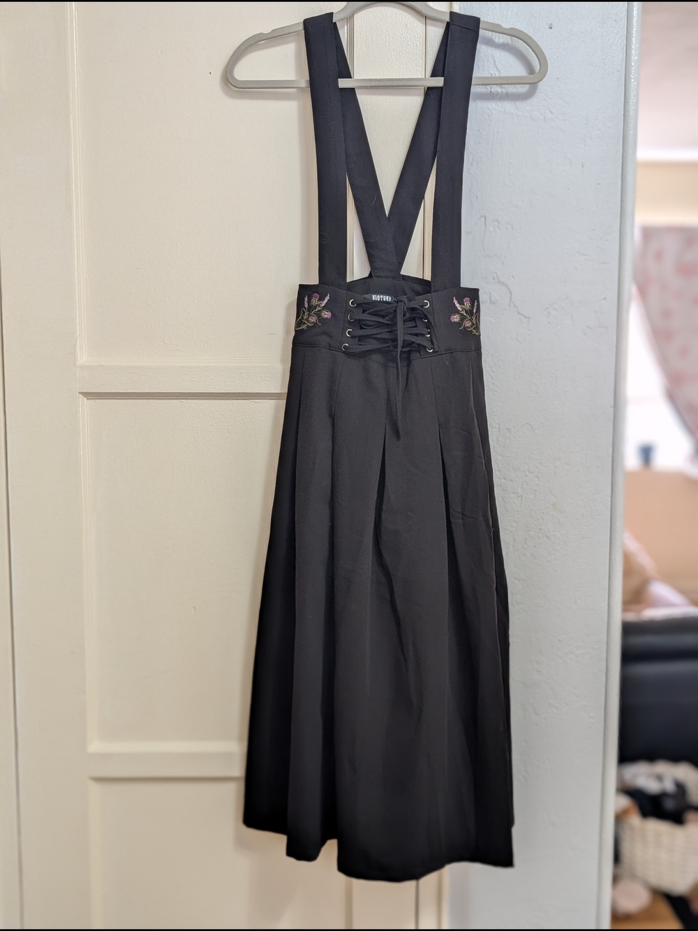 Despair Thistle Embroidered Tailored Pleated Pinafore Midi Skirt
